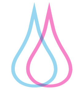 two overlapping outlines of water droplets, one blue, one pink