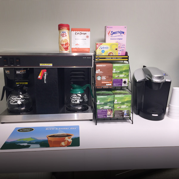 office breakroom double coffee maker and keurig coffee maker, coffee supplies