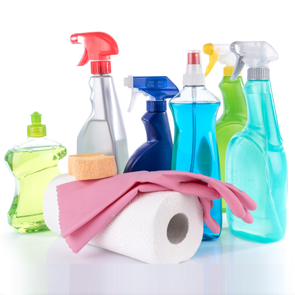 unlabeled cleaning products and supplies
